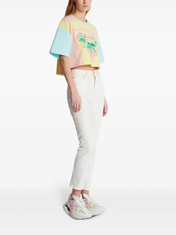 Palm Tree Print Cropped T-Shirt in Multicolor