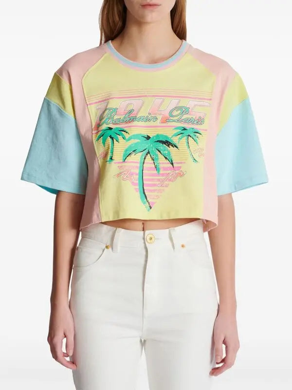 Palm Tree Print Cropped T-Shirt in Multicolor