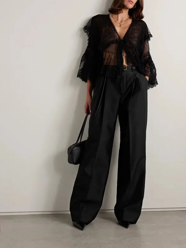 Black Zimmermann pleated silk and wool-blend twill wide-leg pants for women, featuring a stylish and flowy design.