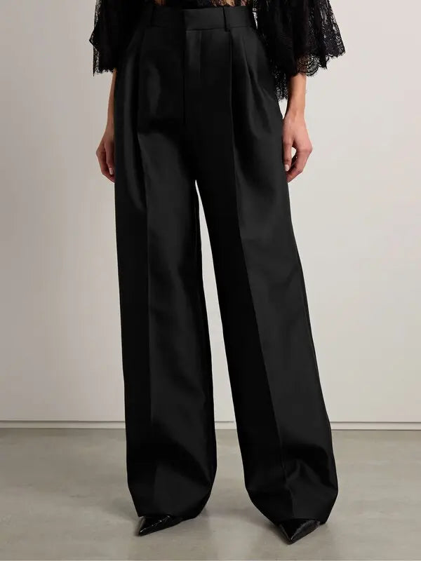 Black Zimmermann pleated silk and wool-blend twill wide-leg pants for women, showcasing high-waisted, flowing design and tailored fit.