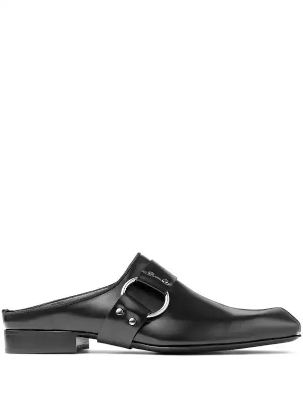 Black leather Jimmy Choo Prism Mule men's shoes with sleek design and pointed toe, showcasing premium craftsmanship.