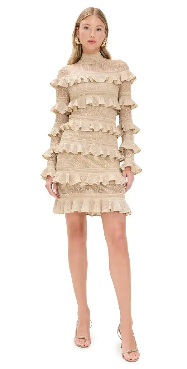 Zimmermann Illuminate metallic gold frill mini dress for women, featuring shiny fabric and ruffled details, stylish evening wear.