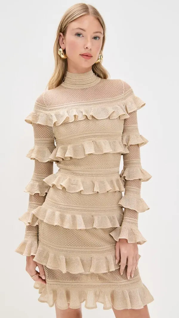 Gold metallic Zimmermann Illuminate Frill Mini Dress for women, featuring ruffles and a shiny finish, stylish and elegant.