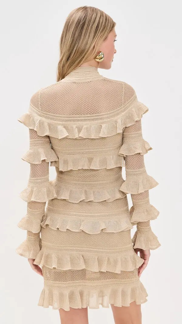 Zimmermann Illuminate metallic gold frill mini dress for women, showcasing shiny fabric and stylish ruffle details.