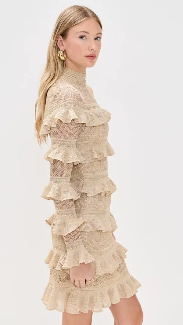 Zimmermann Illuminate metallic gold frill mini dress for women, featuring shiny fabric and stylish ruffle details.