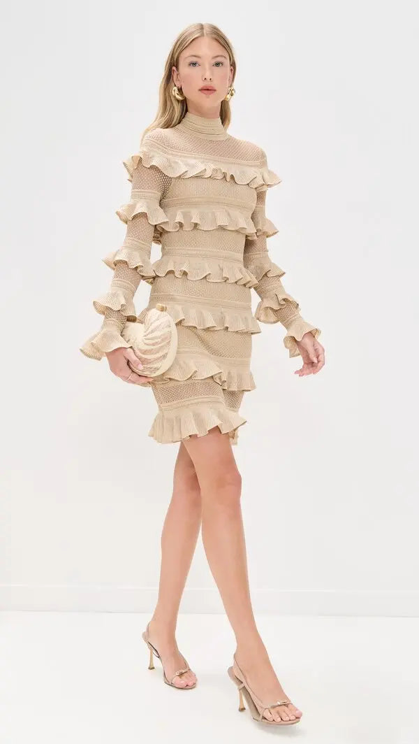 Zimmermann Illuminate metallic gold mini dress for women with frill details, showcasing shiny, stylish evening apparel.
