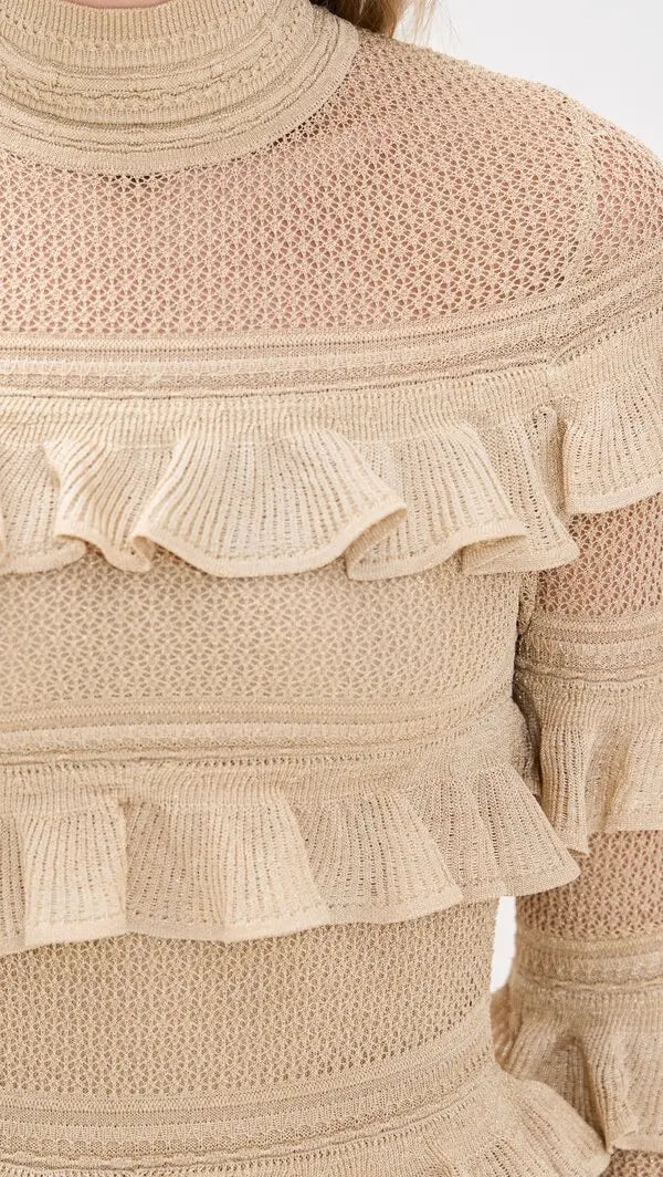 Zimmermann Illuminate metallic gold mini dress with frills, women's stylish apparel featuring a shiny, eye-catching design.