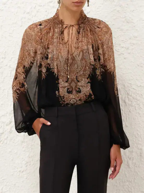 Pink paisley Zimmermann Dawning Tie Billow Blouse for women, featuring a flowy, tie-billow design with long sleeves.