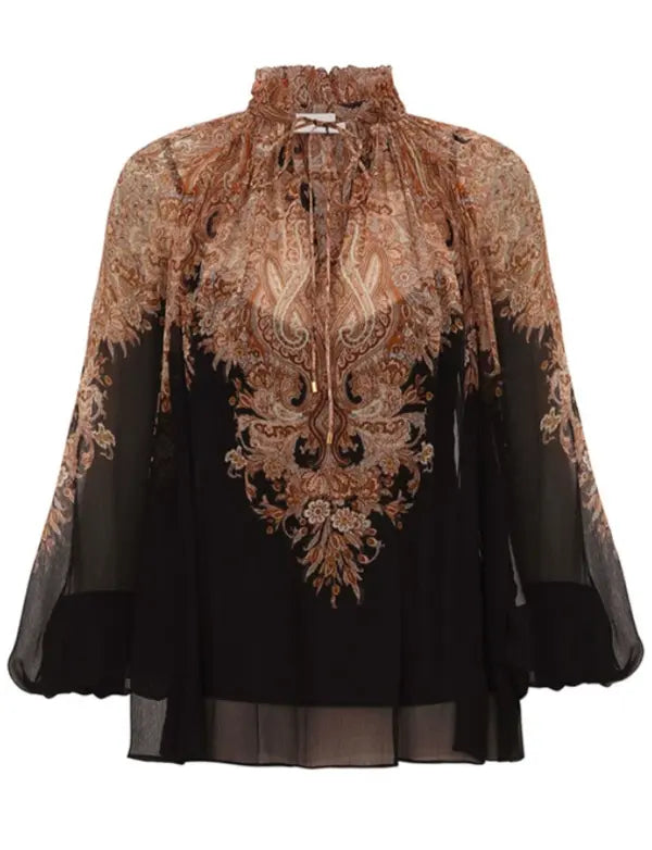 Zimmermann Dawning Tie Billow Blouse for women in a colorful paisley pattern, featuring a tie neckline and billowy sleeves.