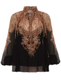Zimmermann Dawning Tie Billow Blouse for women in a colorful paisley pattern, featuring a tie neckline and billowy sleeves.