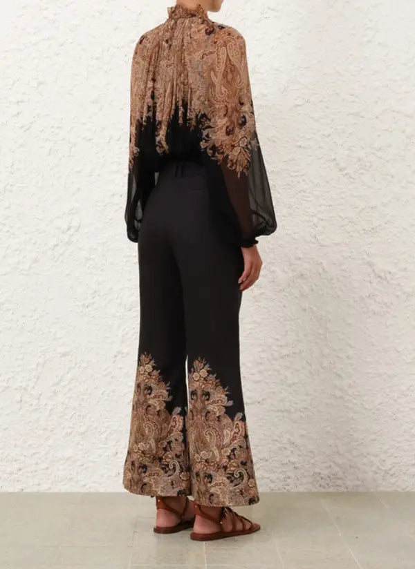 Zimmermann Dawning Tie Billow Blouse for women, featuring a paisley pattern and flowy long sleeves, stylish and elegant apparel.