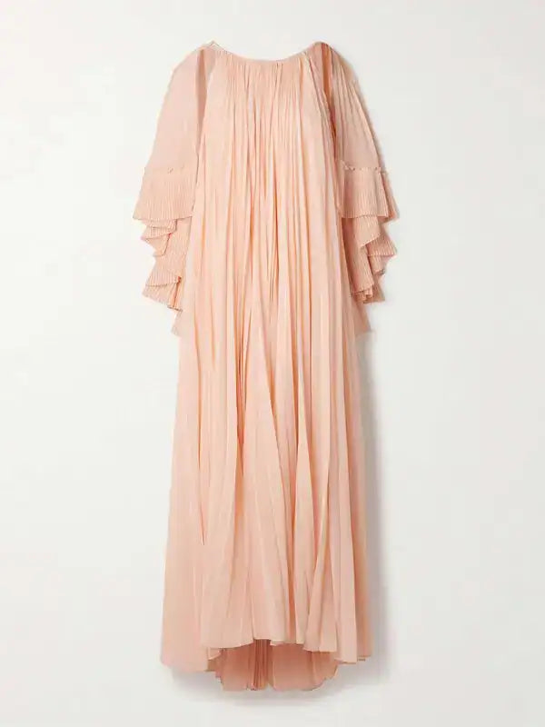 Peach Zimmermann Illuminate cape-effect pleated crepe de chine maxi dress for women, featuring elegant flowing design and sophisticated style.