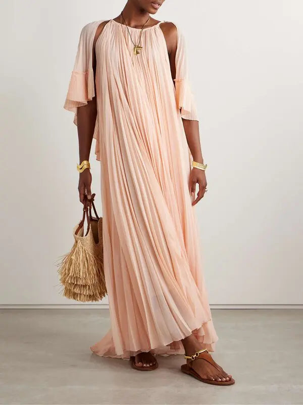Peach Zimmermann Illuminate cape-effect pleated crepe de chine maxi dress for women, flowing and elegant with cape details.