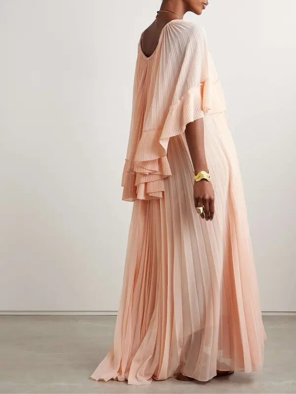 Peach Zimmermann Illuminate cape-effect pleated crepe de chine maxi dress for women, featuring flowing fabric and elegant design.