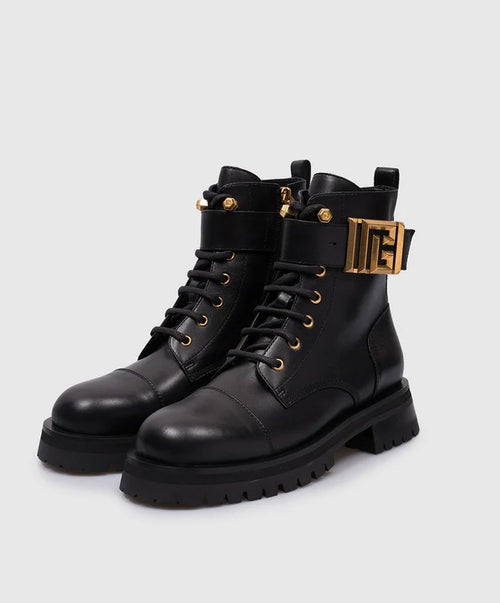 Balmain Monogram Buckle Leather Combat Boots