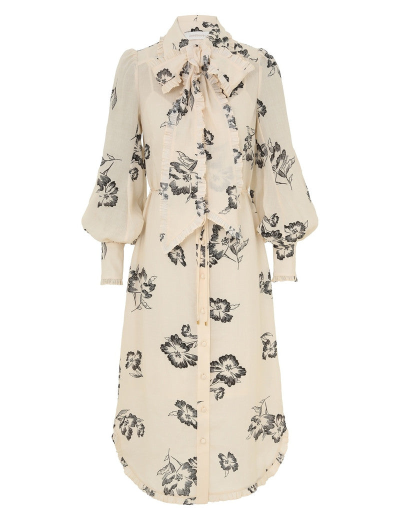Zimmermann printed ruffle midi dress for women, featuring floral patterns and feminine ruffle details, perfect for stylish occasions.