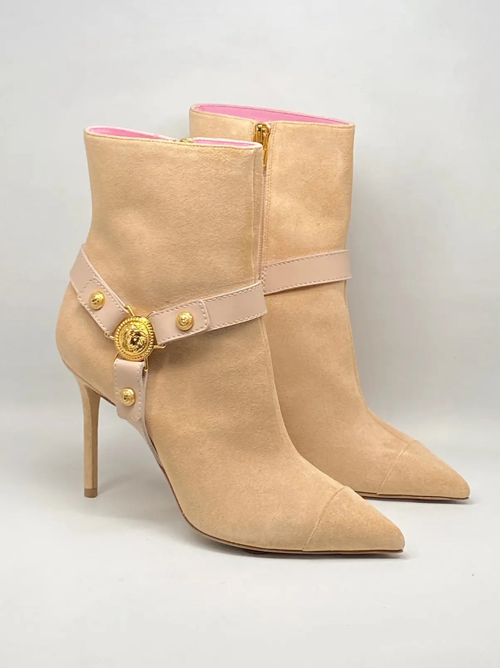 Women's Balmain Medallion Harness Suede Ankle Boots with stiletto heels, featuring a stylish medallion harness detail.