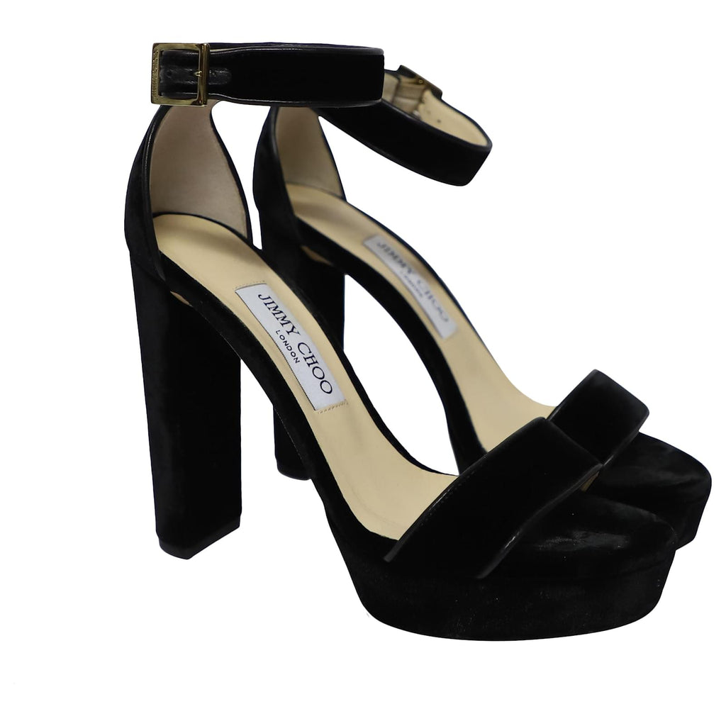 Black velvet Jimmy Choo Holly 120 platform sandals for women, stylish high heels with ankle straps and chunky heel design.