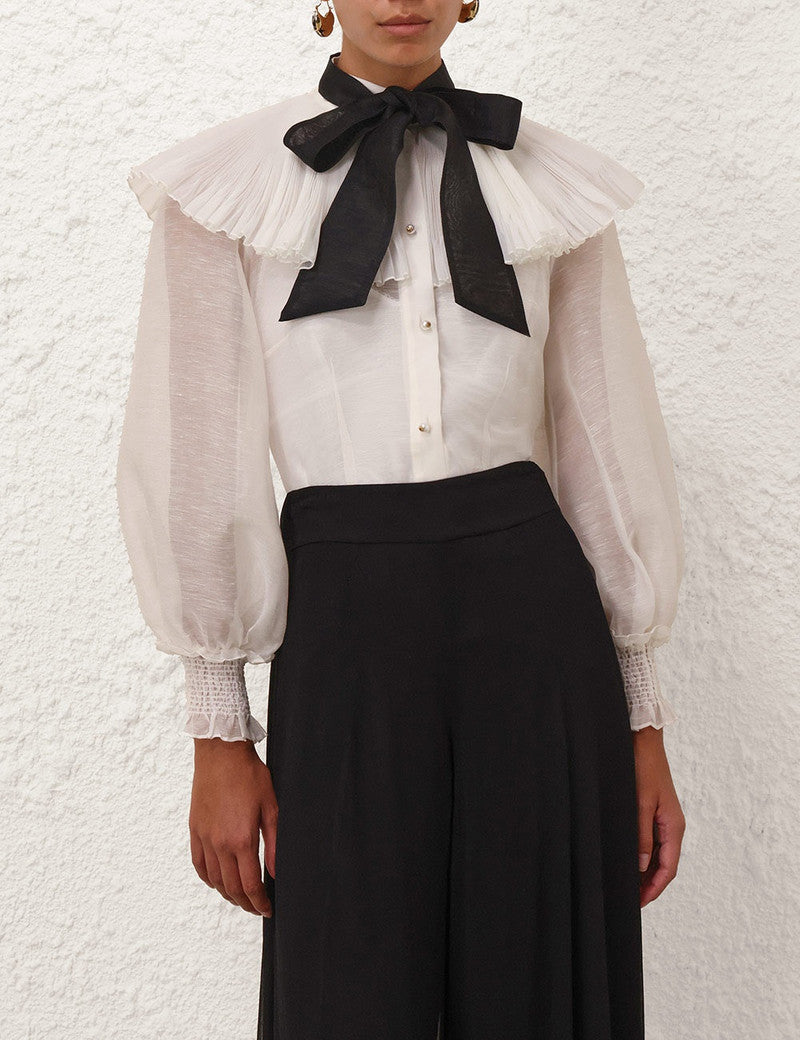 Zimmermann Illuminate Pierrot Shirt for women, featuring a stylish design with intricate details and lightweight fabric.
