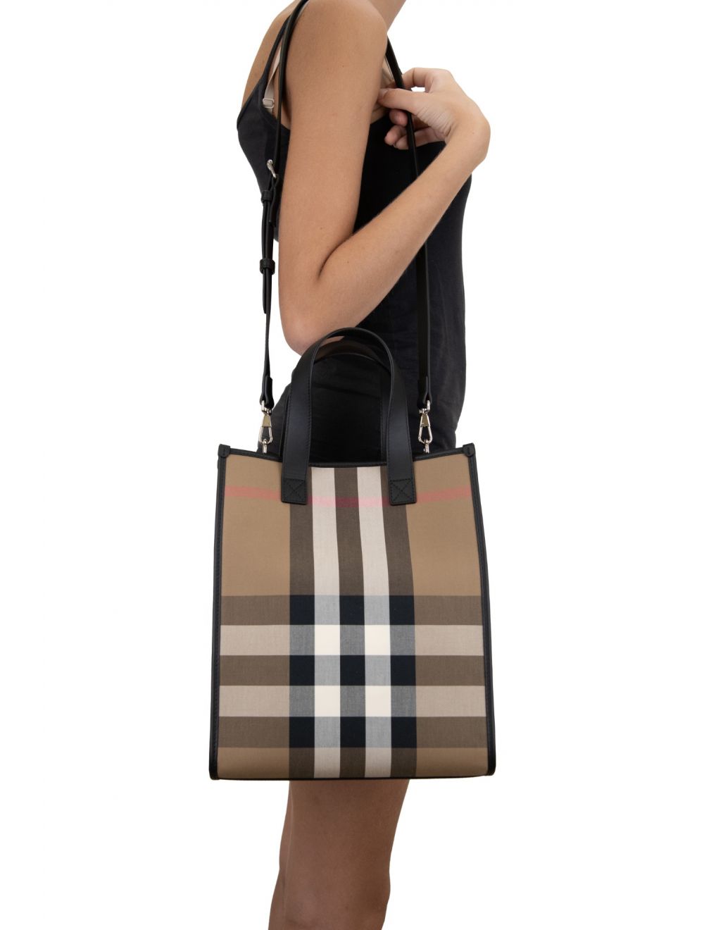 Burberry Book Tote Bag for women with classic check pattern, large size, and durable leather handles.