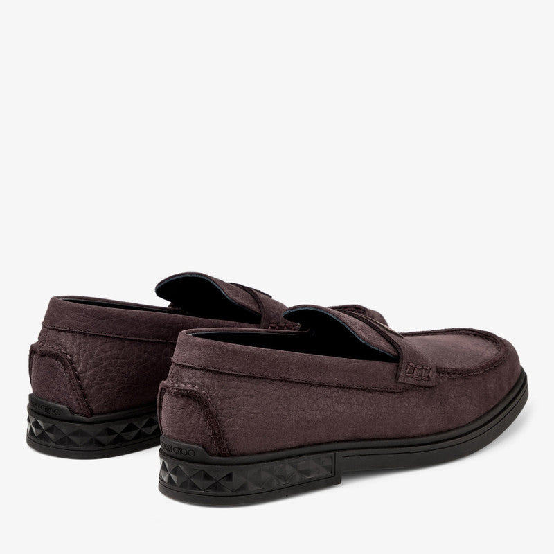 Jimmy Choo men's Josh driver loafers in oxblood embossed nubuck leather, showcasing sleek men's slip-on shoes with detailed stitching.