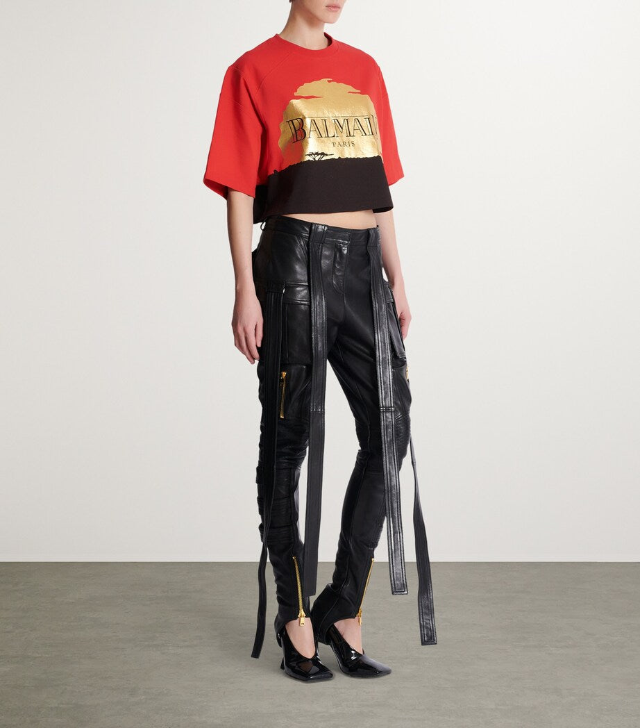 Balmain x Disney Cropped Graphic T-Shirt – Red & Gold