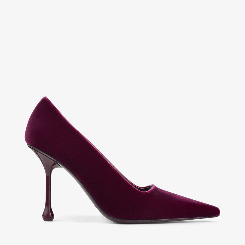 Jimmy Choo Lxia 95 Boysenberry velvet women’s pumps with pointed toes and elegant heel design.