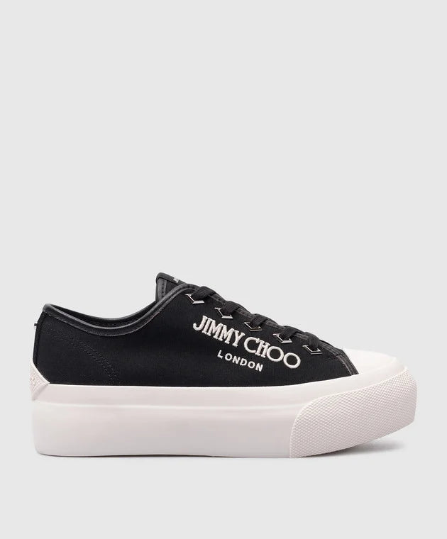 Unisex Jimmy Choo Palma Maxi black sneakers with sleek design, showcasing the stylish footwear on a clean background.