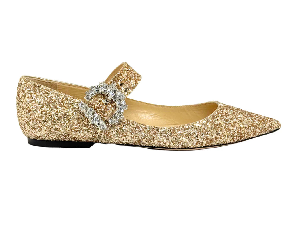 Jimmy Choo Bing glitter fabric ballet flats for women, featuring a shiny, sparkly upper and elegant slip-on design.