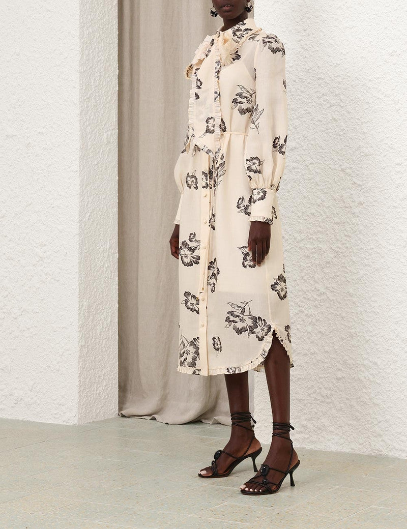 Zimmermann printed ruffle midi dress for women, featuring vibrant floral patterns and ruffled details, perfect for elegant occasions.