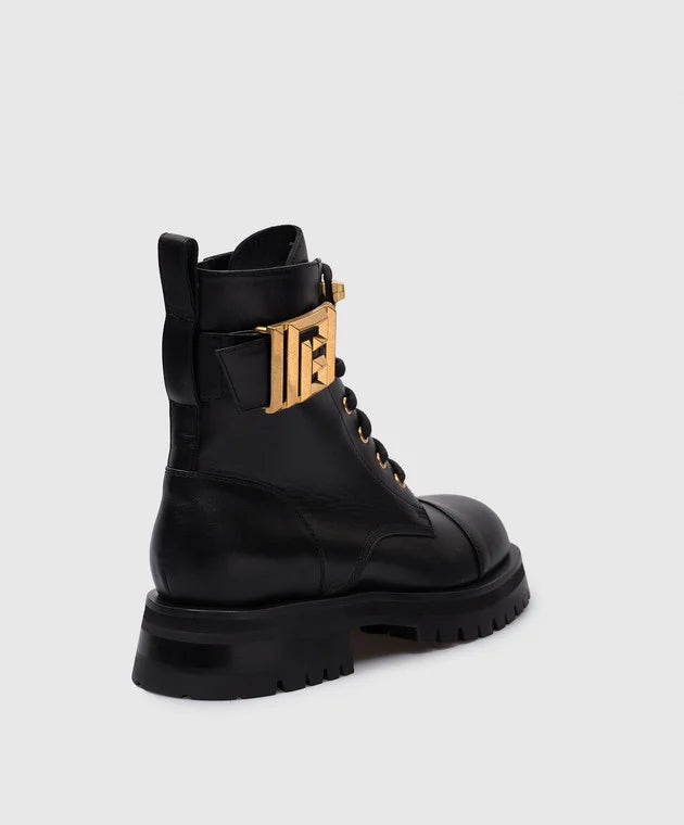 Balmain Monogram Buckle Leather Combat Boots