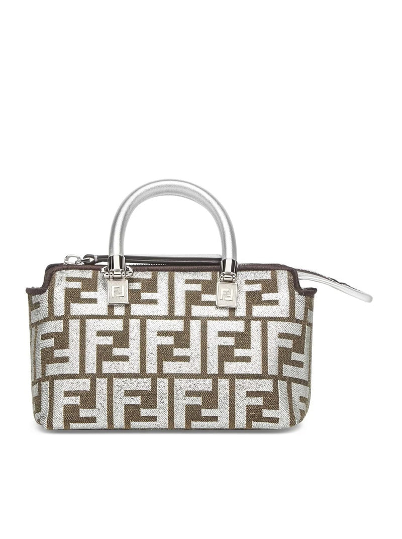 Fendi By The Way Mini Boston Bag in beige with gold hardware, stylish women's bag with top handles and logo detail.