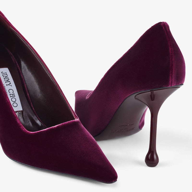 Jimmy Choo Lxia 95 Boysenberry velvet women’s pumps with pointed toes and elegant design.