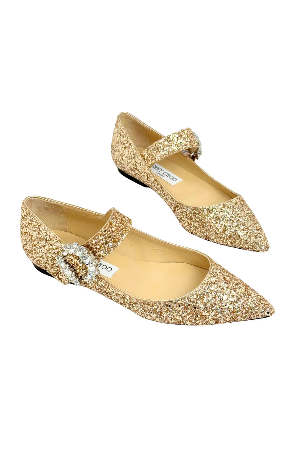 Jimmy Choo Bing glitter fabric ballet flats for women, stylish pumps with sparkling details and comfortable slip-on design.