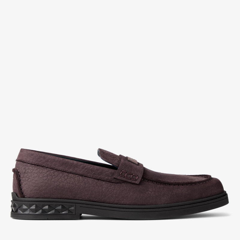 Jimmy Choo men’s Josh Driver oxblood embossed nubuck leather loafers, stylish and premium men’s shoes with sleek design.