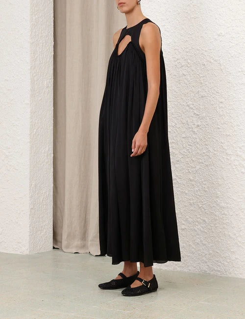 Black Zimmermann Balance Swing Maxi Dress for women, flowing silhouette, sleeveless, and elegant design.