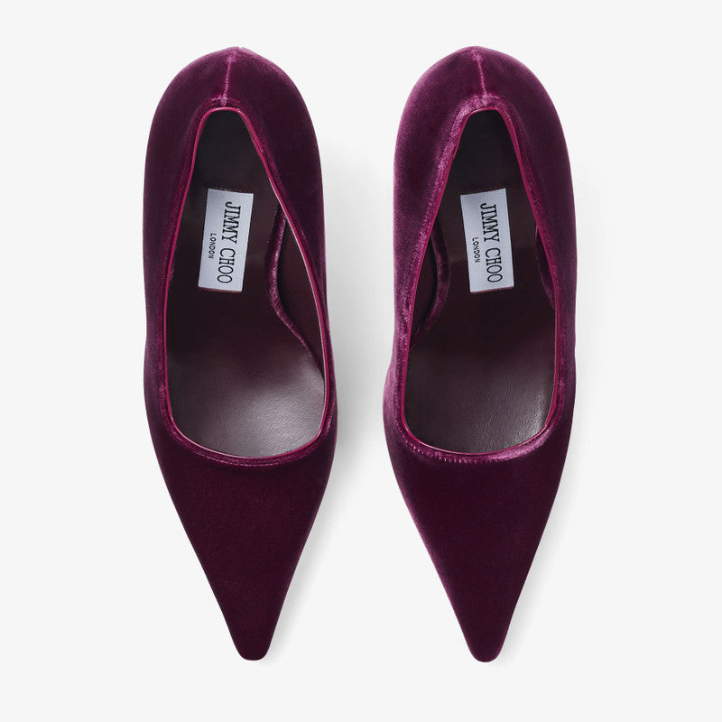 Jimmy Choo Lxia 95 Boysenberry velvet women pumps with elegant pointed toes and sleek design.