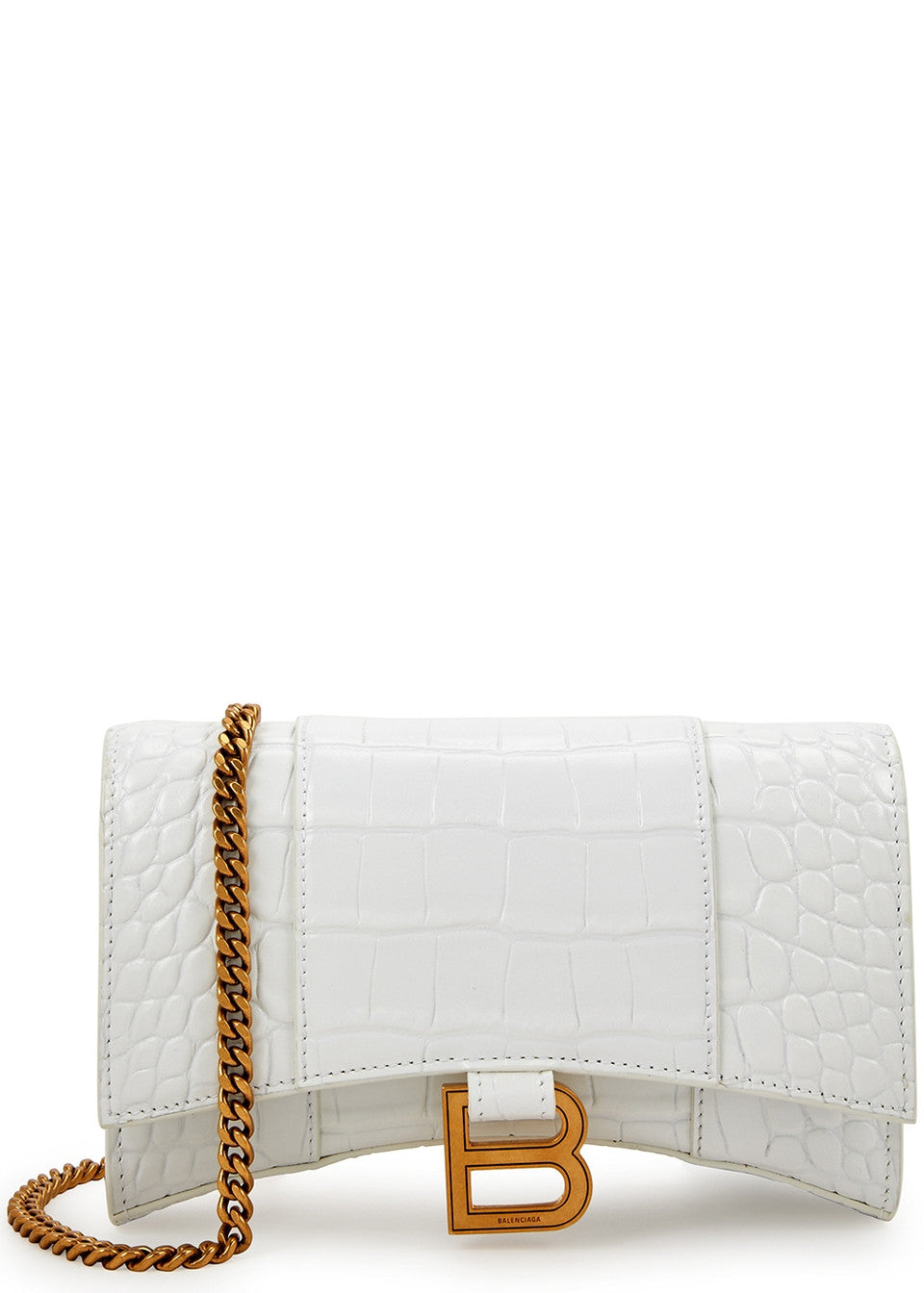 White Balenciaga Women's Hourglass Wallet On Chain bag with chain strap and signature design, stylish accessory for women.