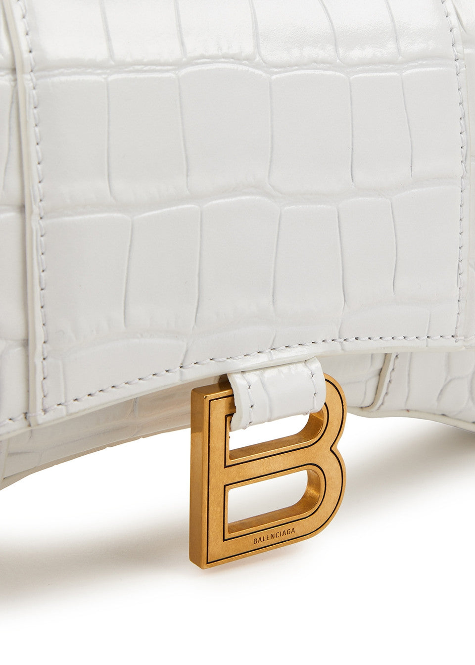 White Balenciaga Women's Hourglass Wallet On Chain bag with silver chain strap and embossed logo detail.