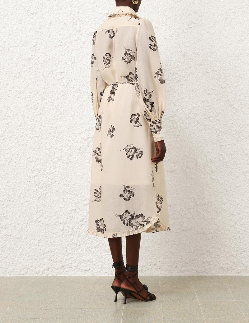 Zimmermann printed ruffle midi dress for women with floral pattern and flowing ruffle details, perfect for stylish summer wear