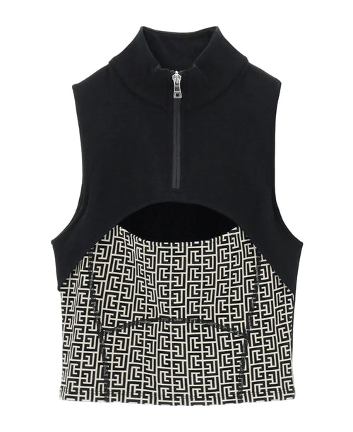 Balmain Monogram Sports Cropped Top for women, stylish athletic wear with logo design, in a close-up view of the cropped top.