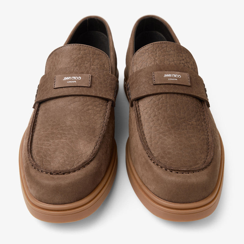 Jimmy Choo men's Josh driver loafers in oxblood embossed nubuck leather, showing close-up of stylish men's slip-on shoes.
