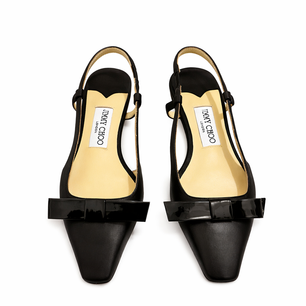 Black Jimmy Choo Amel or Elisa slingback pumps in nappa and patent leather for women, featuring elegant pointed toes and sleek design.