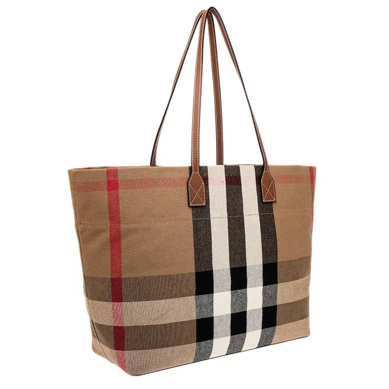 Burberry medium London tote bag for women featuring classic check pattern and leather handles.