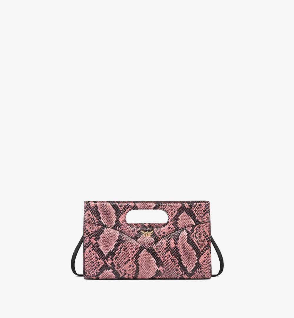 Small MCM diamond tote bag in snake-embossed leather with python print, featuring a sleek, compact design for women.