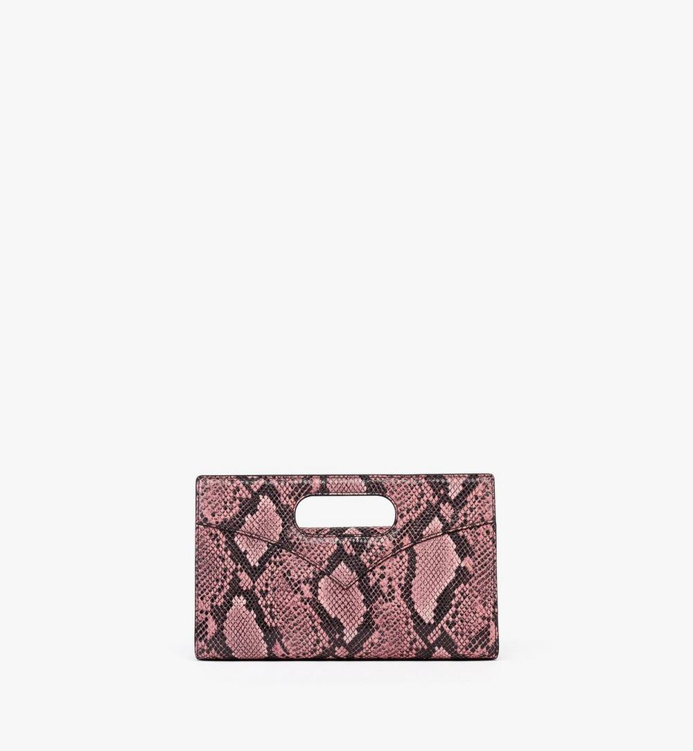Small MCM diamond tote bag in snake-embossed leather with diamond pattern and structured design, perfect for women.