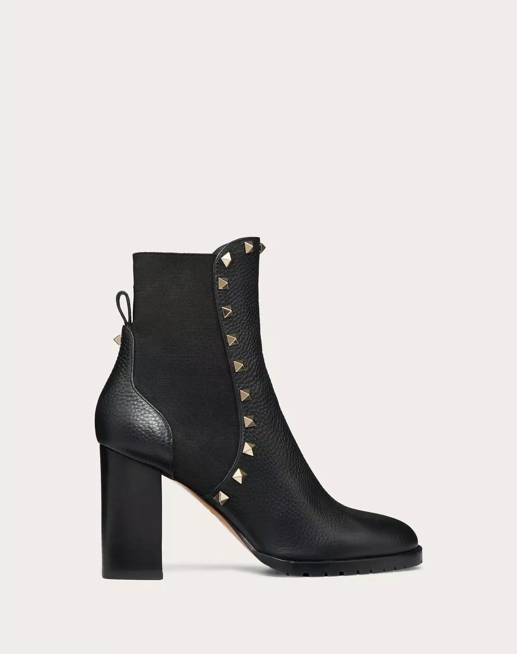 Valentino Rockstud grainy calfskin ankle boot with 80mm heel, featuring studded details and classic black leather finish.