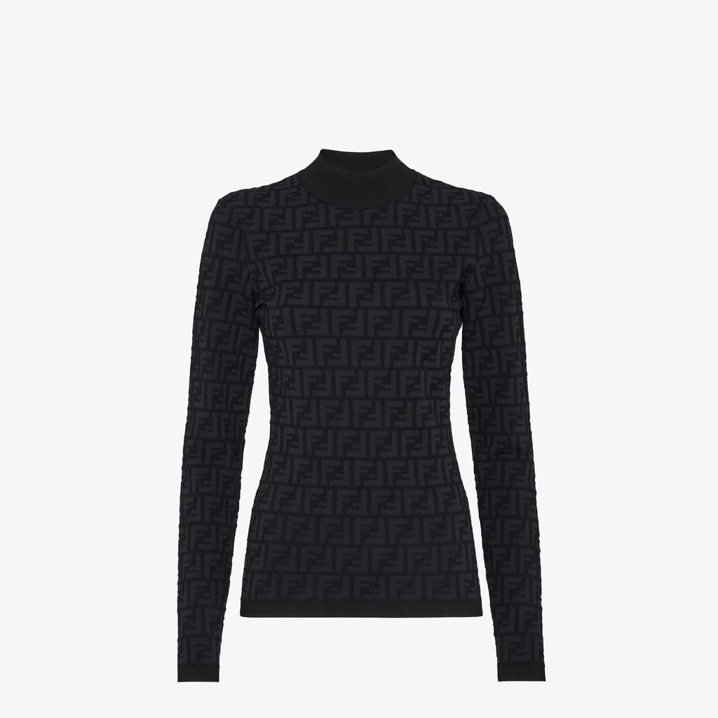 Black Fendi FF viscose jumper for women, featuring the iconic logo design, showcased on a model.