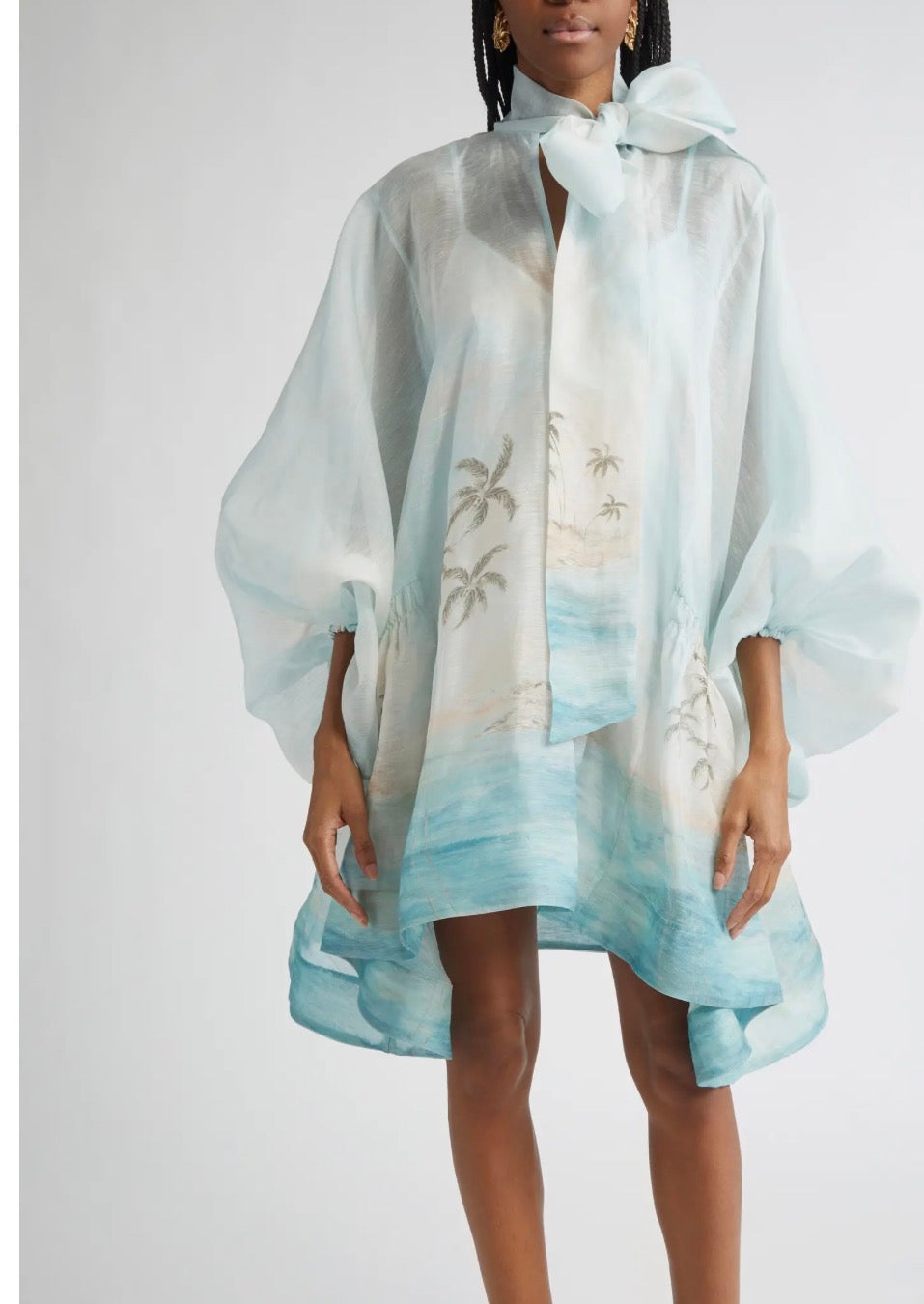 Zimmermann Seascape Print Long Sleeve Organza Minidress