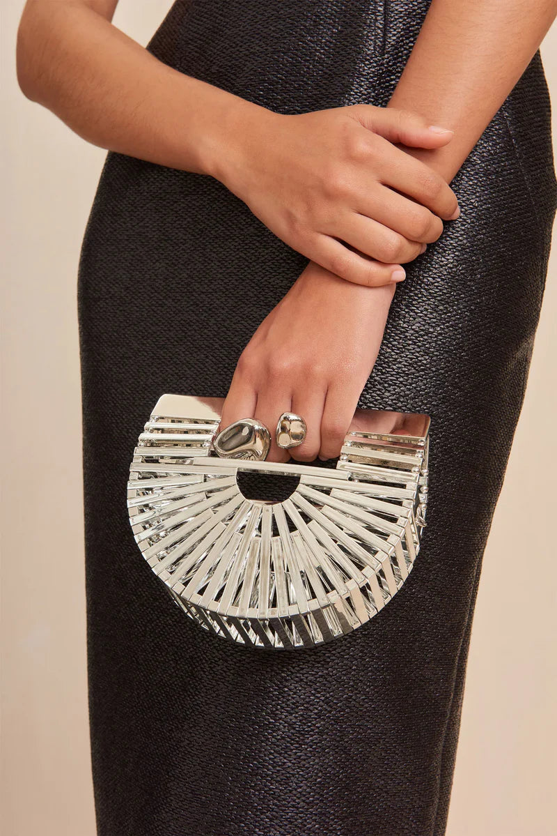 Silver metallic Cult Gaia Nano Ark crossbody bag for women, featuring a sleek, modern design with a structured shape.